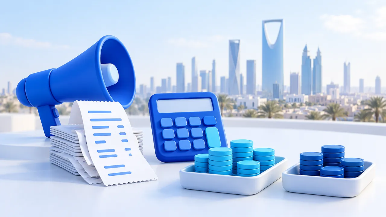مكبر صوت أزرق وإيصالات وآلة حاسبة وصينيتان من العملات الرمزية أمام أفق الرياض