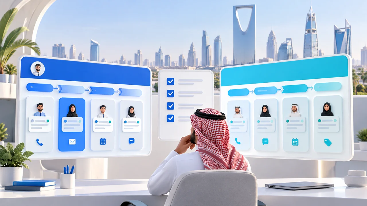 رسم توضيحي لمقارنة مسارات إدارة العملاء باستخدام قائمة معايير أمام معالم الرياض