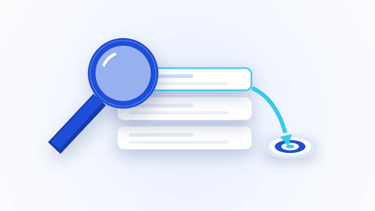 عدسة بحث زرقاء فوق بطاقات نتائج بيضاء وسهم سماوي يتجه إلى هدف